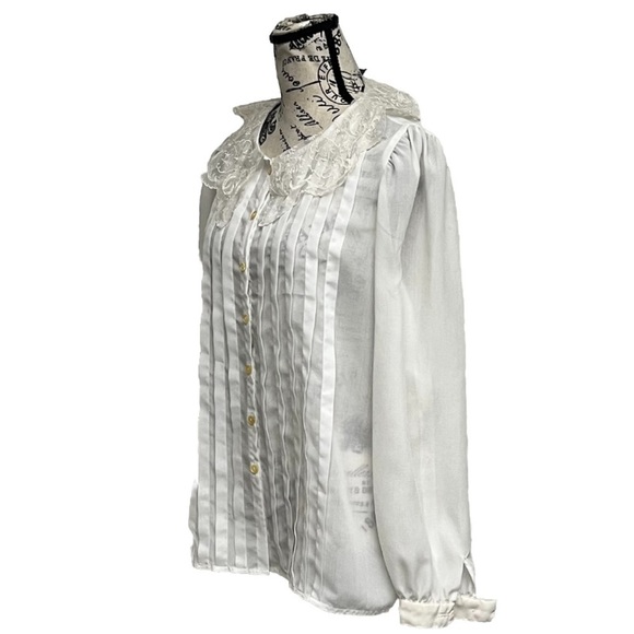 Vtg Nilani Sheer Ivory Pintuck Blouse Lace Collar Y2K Retro Romantic Womens L - Picture 3 of 9